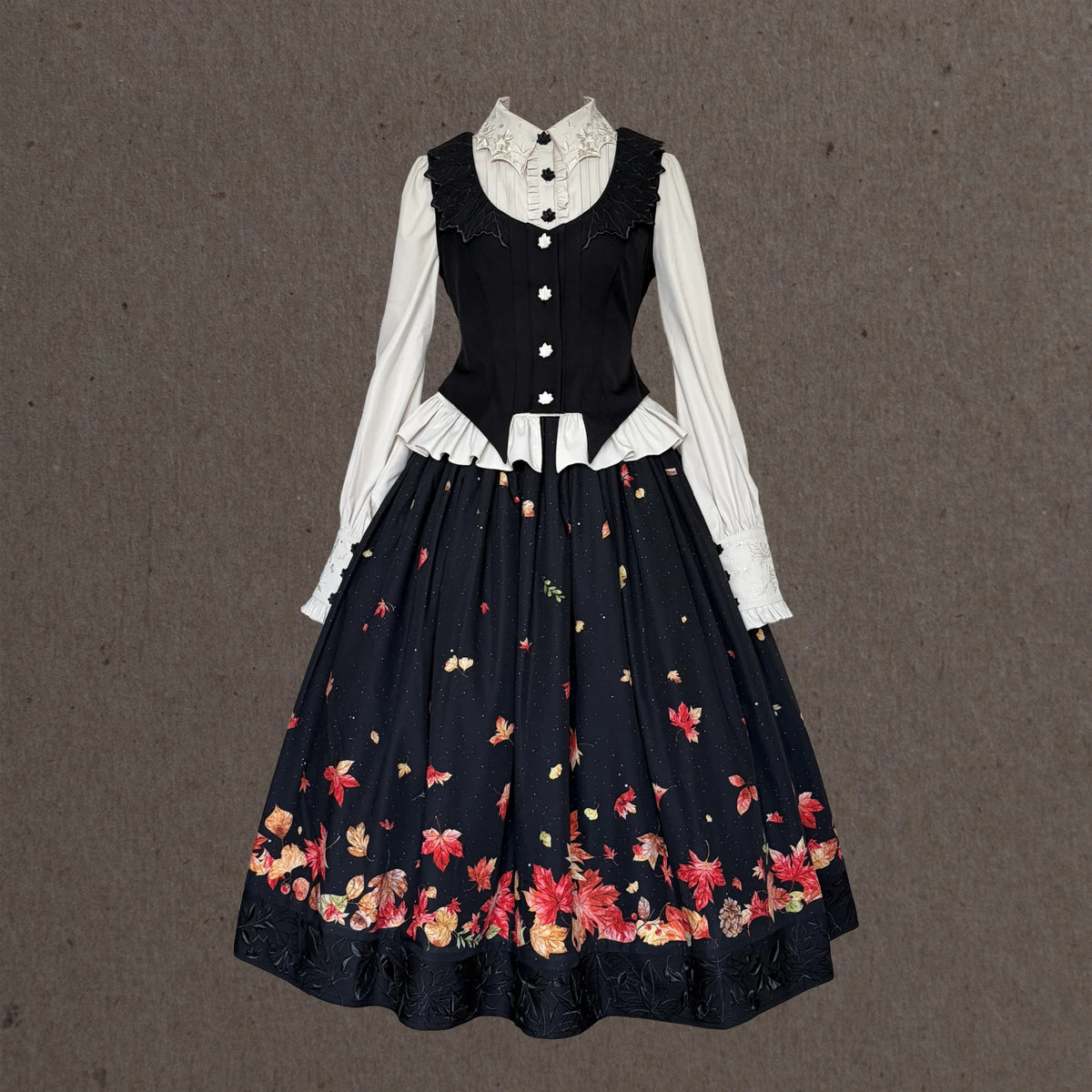 Fallen Leaves on Asphalt Lolita Classic Style Print Waistcoat 3-Piece Set