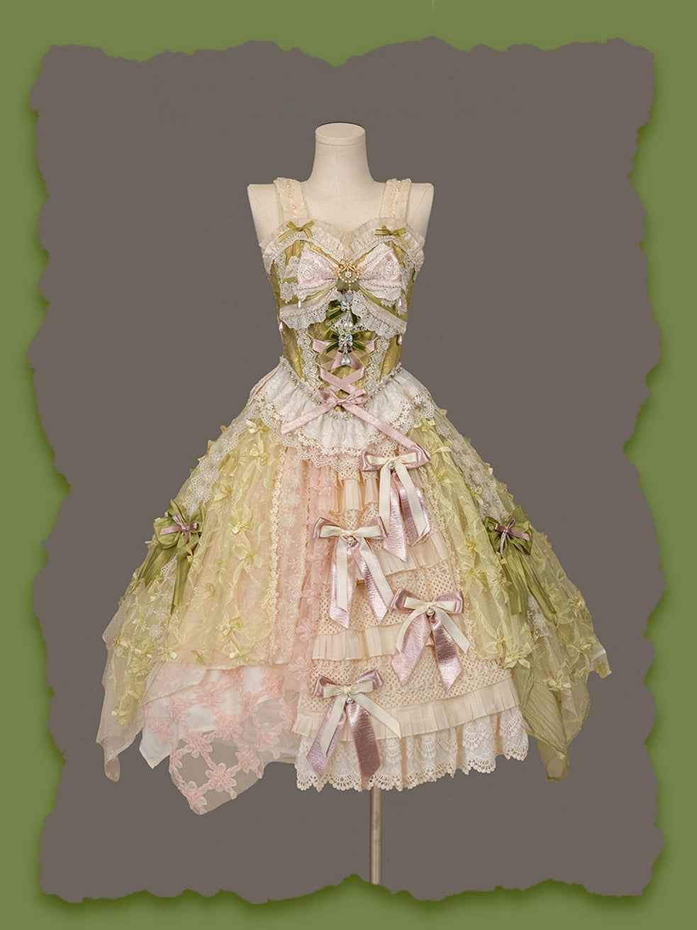 Whisper of Spring Field Lolita Original Green Boned Corset & Skirt Set