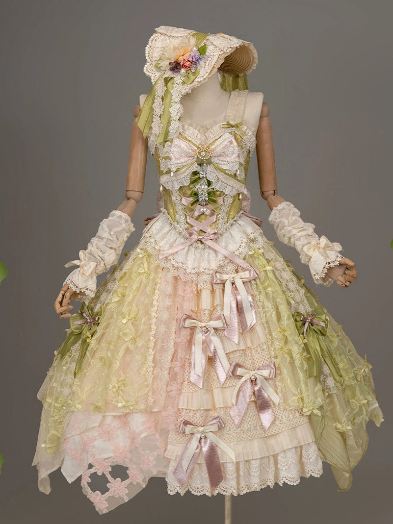 Whisper of Spring Field Lolita Original Green Boned Corset & Skirt Set