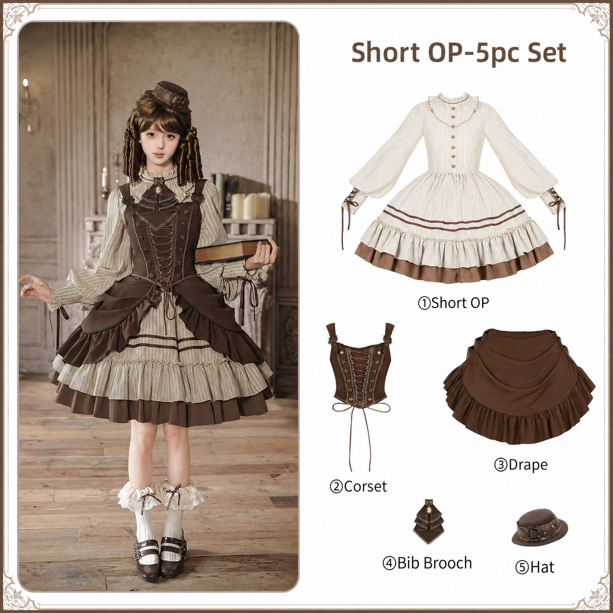 At Sunset Lolita  Ruffled Corset & Drape Panel OP Dress Set