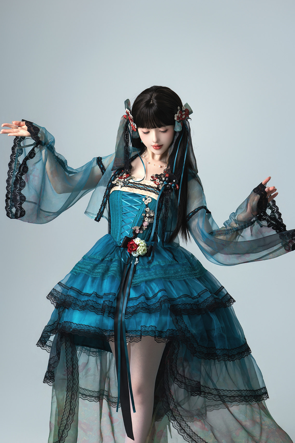 Misty New Dawn Peacock Blue Classic Lolita Short JSK Tea Party Set