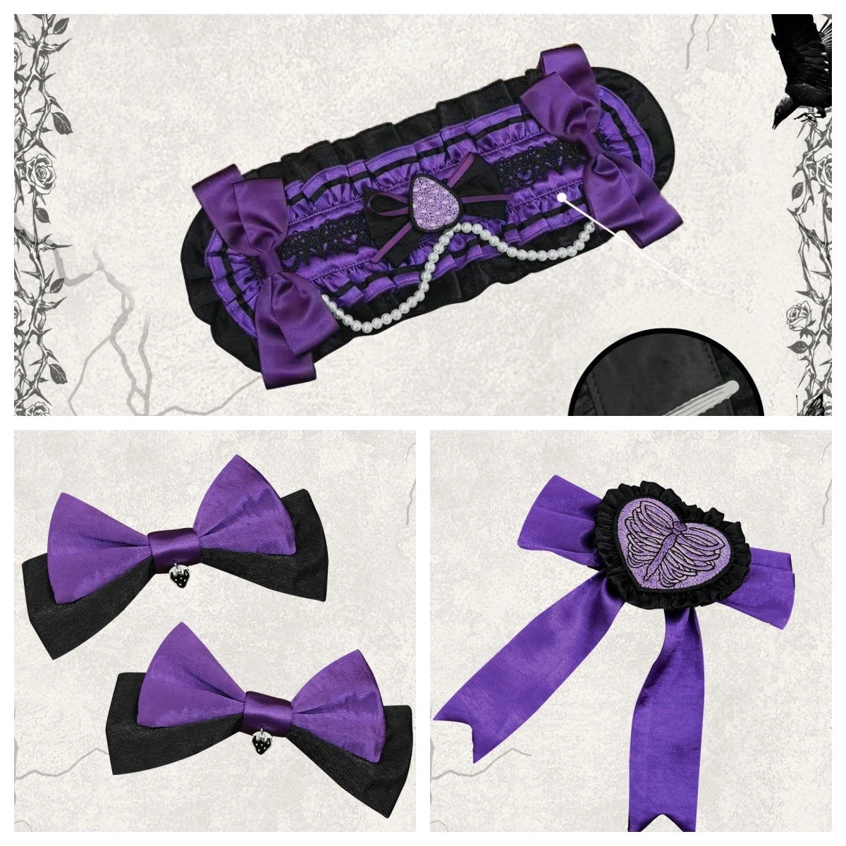 Strawberry Heart Bone Black and Purple Gothic Lolita OP Dress