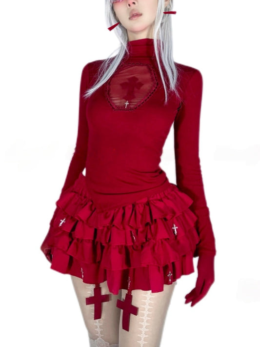 Lolita Gothic Cross Motif Turtleneck Red Blouse LE1035