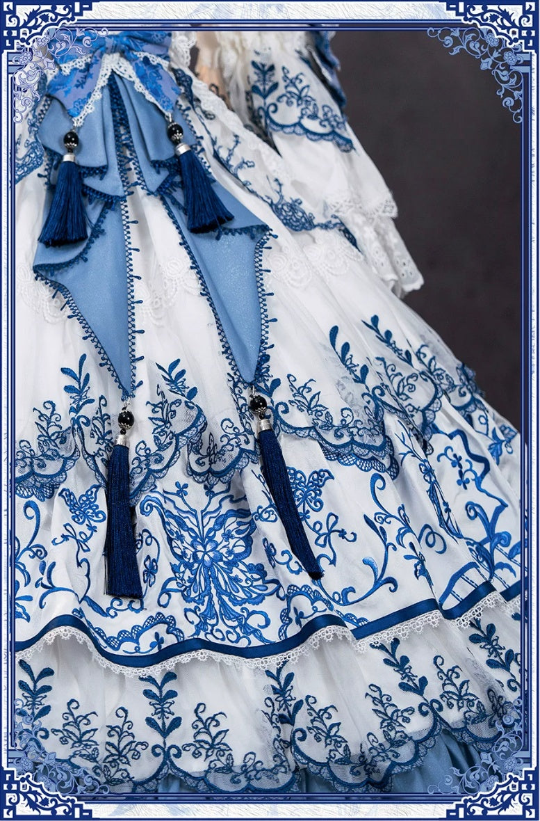 Butterfly Blue and White Porcelain Floral Embroidery Classic Lolita OP Dress
