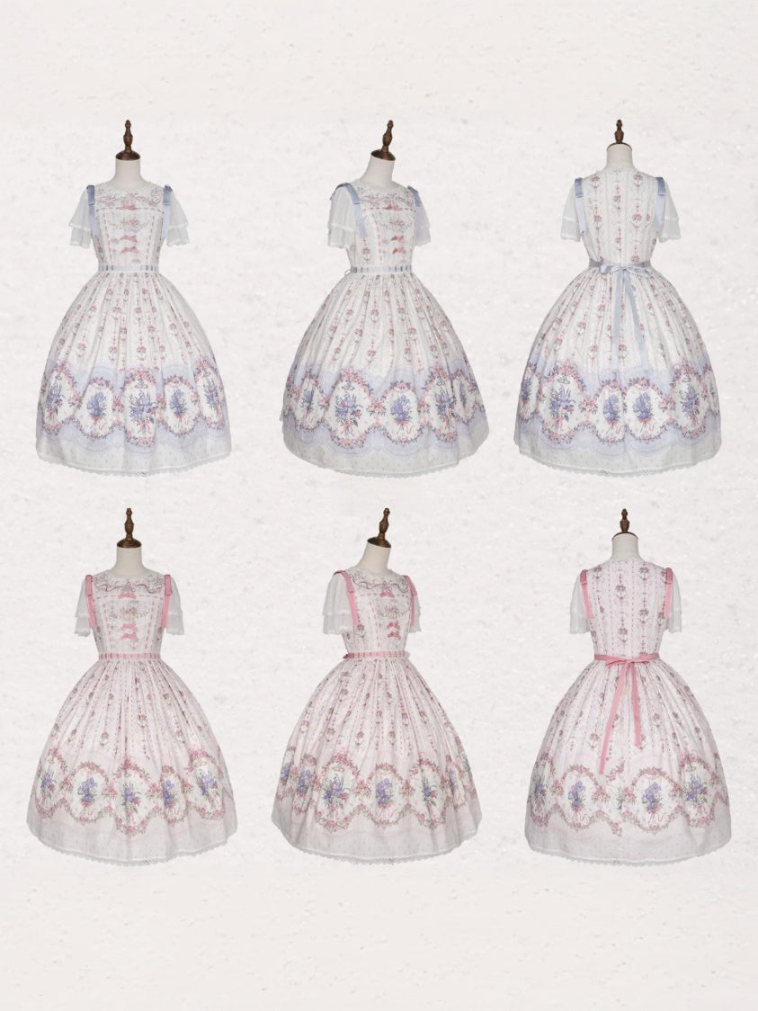 Iris Clock Lolita Flutter Sleeves Printed OP & Cut‑Work Embroidered Lapel JSK