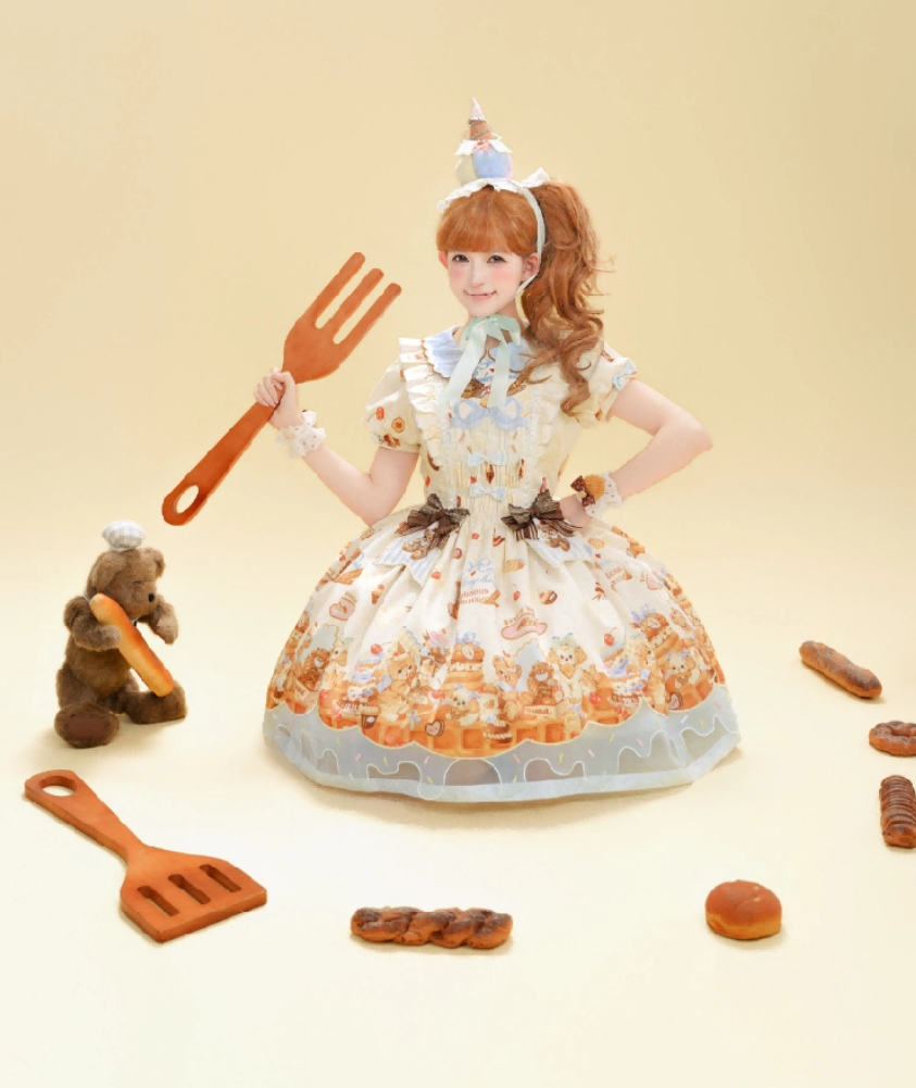 Cream Waffle Bear Lolita OP/JSK Dress