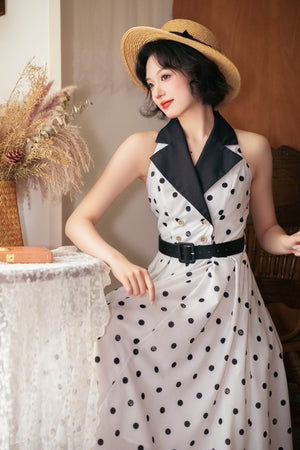 Afternoon Forest French Hepburn - Style Dress 1256 - LolitaEraWhite With Polka DotsSAfternoon Forest French Hepburn - Style Dress 1256