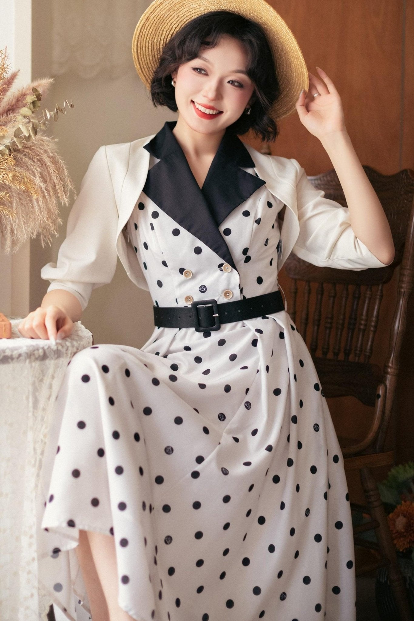 Afternoon Forest French Hepburn - Style Dress 1256 - LolitaEraWhite With Polka DotsSAfternoon Forest French Hepburn - Style Dress 1256