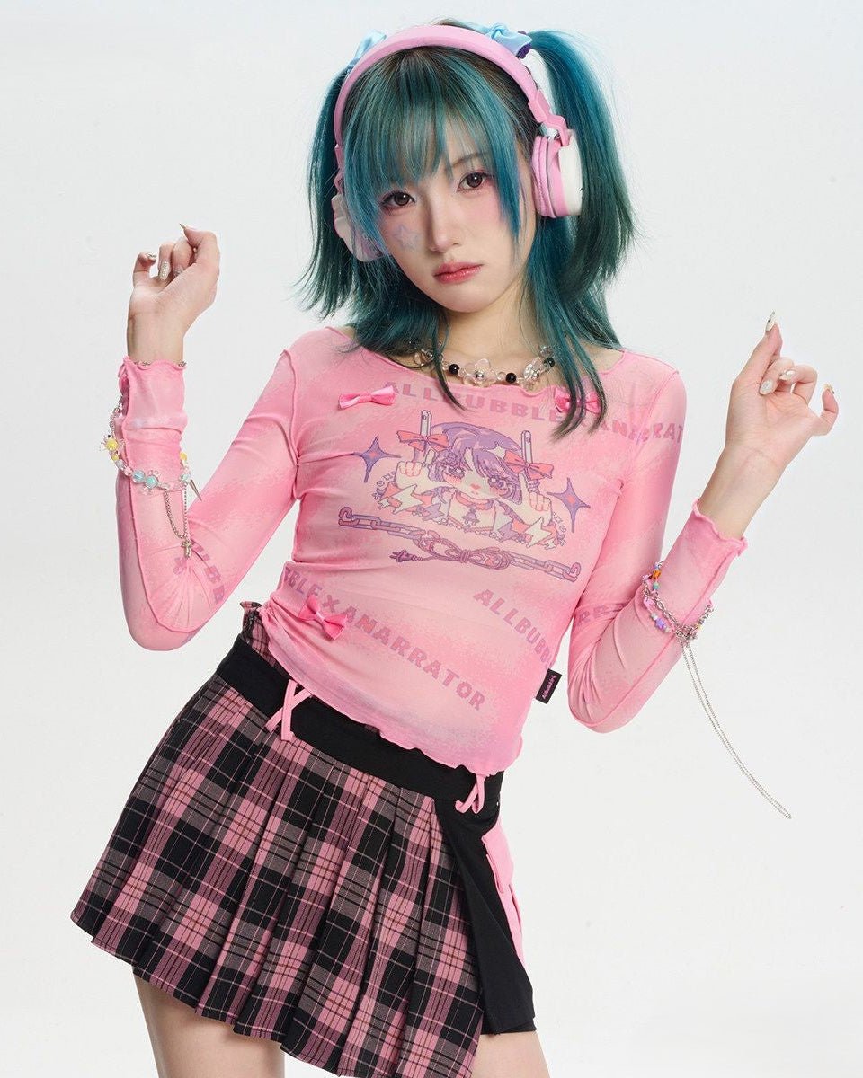 Allbubble Sheer Pink Mesh Pixel - print Long - sleeve Crop Top - LolitaEraPinkSAllbubble Sheer Pink Mesh Pixel - print Long - sleeve Crop Top