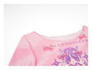Allbubble Sheer Pink Mesh Pixel - print Long - sleeve Crop Top - LolitaEraPinkSAllbubble Sheer Pink Mesh Pixel - print Long - sleeve Crop Top