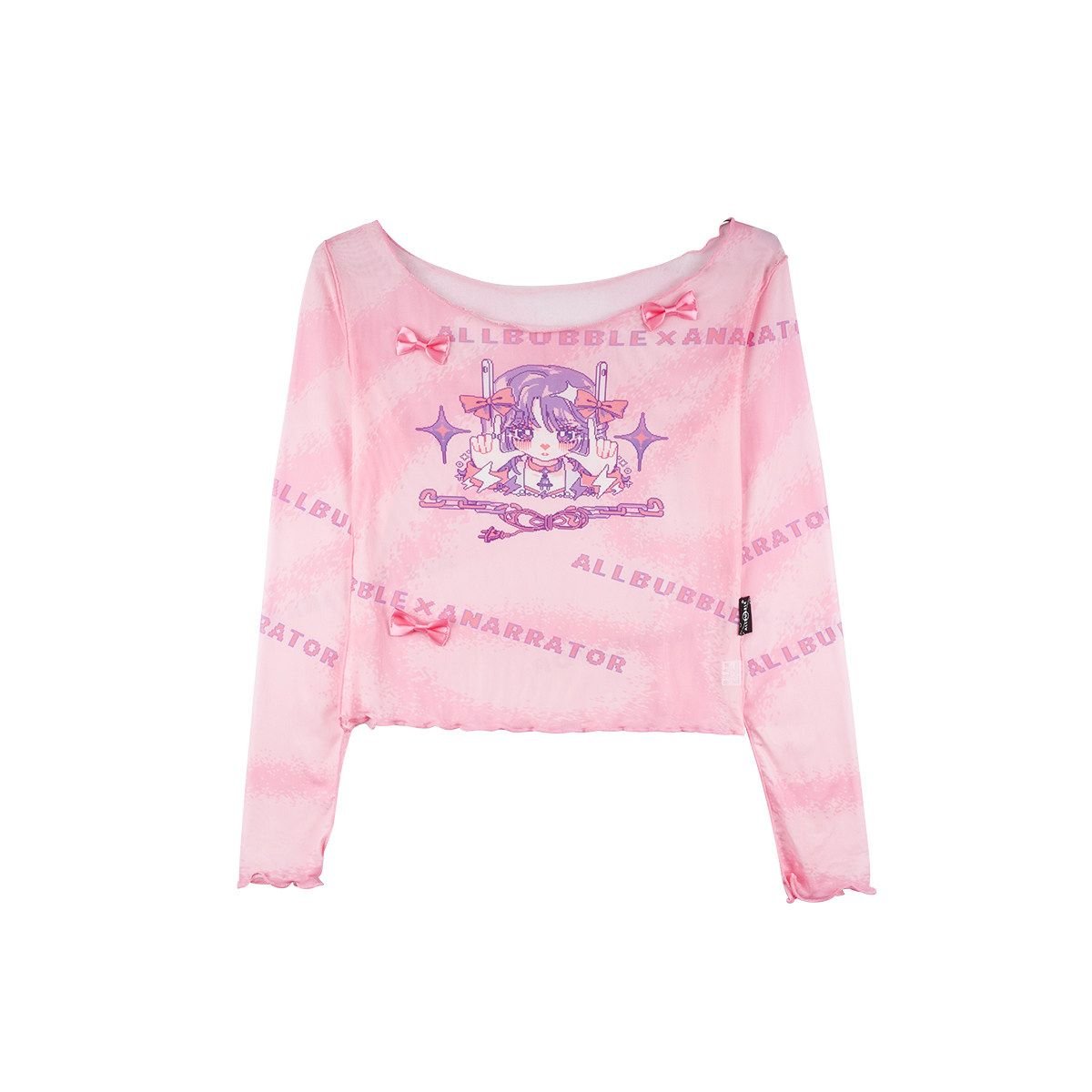 Allbubble Sheer Pink Mesh Pixel - print Long - sleeve Crop Top - LolitaEraPinkSAllbubble Sheer Pink Mesh Pixel - print Long - sleeve Crop Top