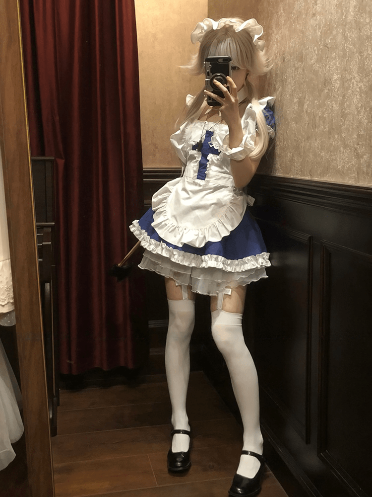 Angel Covenant Cute Cross Maid Lolita Dress - LolitaEraMaid Set + White Thigh - high Socks + PetticoatSBlueAngel Covenant Cute Cross Maid Lolita Dress
