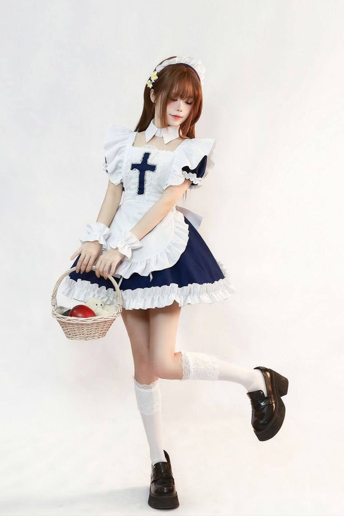 Angel Covenant Cute Cross Maid Lolita Dress - LolitaEraMaid Set + White Thigh - high Socks + PetticoatSBlueAngel Covenant Cute Cross Maid Lolita Dress