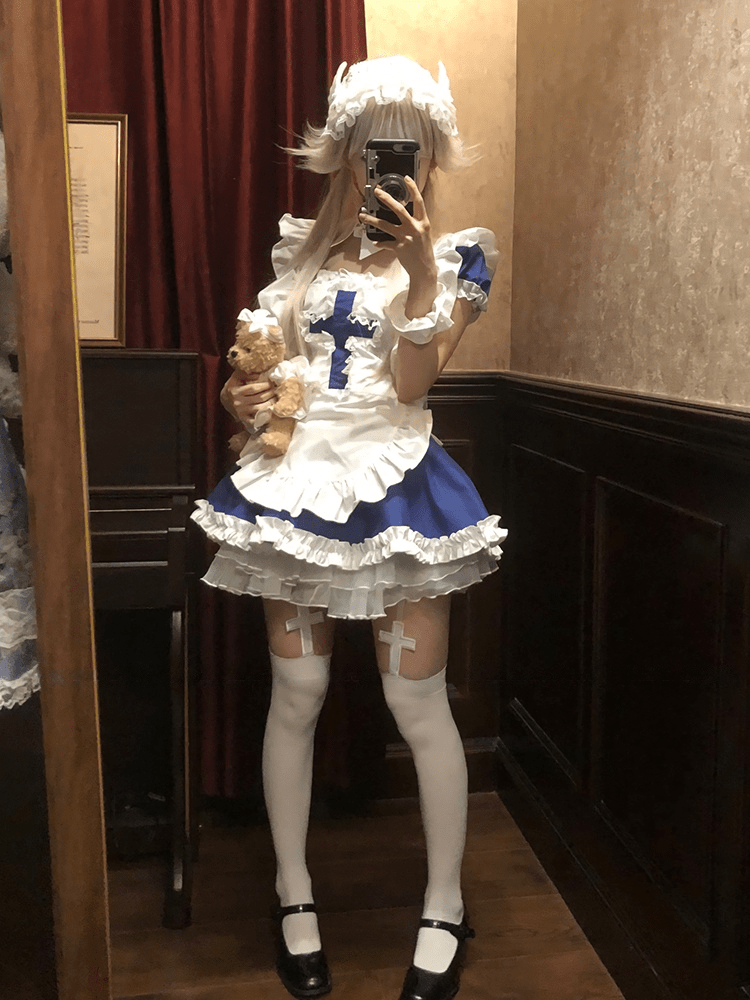 Angel Covenant Cute Cross Maid Lolita Dress - LolitaEraMaid Set + White Thigh - high Socks + PetticoatSBlueAngel Covenant Cute Cross Maid Lolita Dress