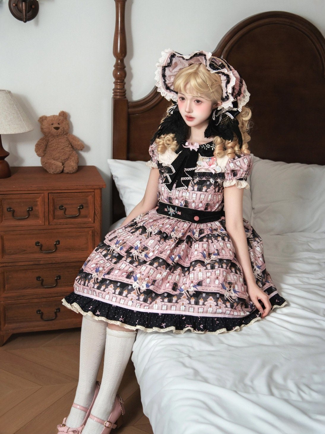Angel Post Office Print Lolita OP Dress - LolitaEraBlack Pink OPSAngel Post Office Print Lolita OP Dress