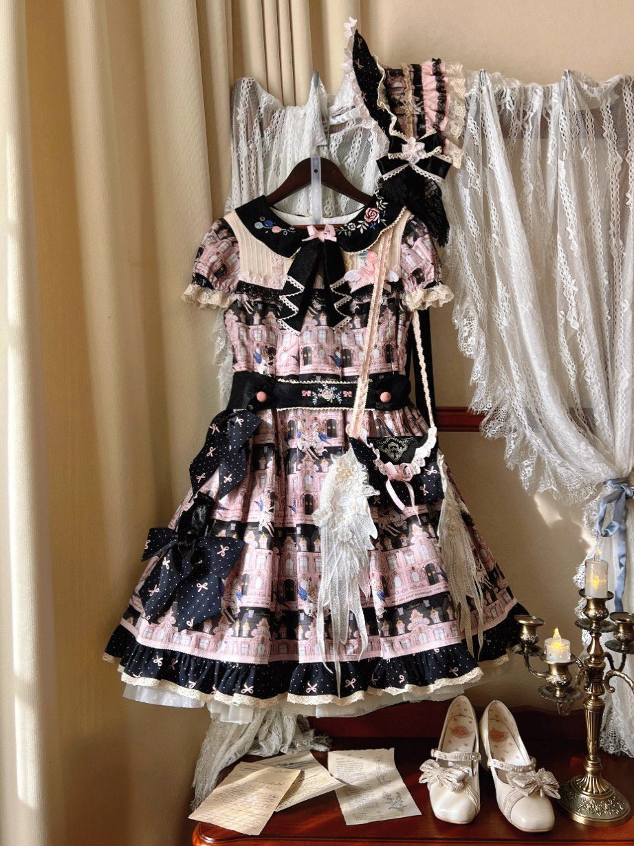 Angel Post Office Print Lolita OP Dress - LolitaEraBlack Pink OPSAngel Post Office Print Lolita OP Dress