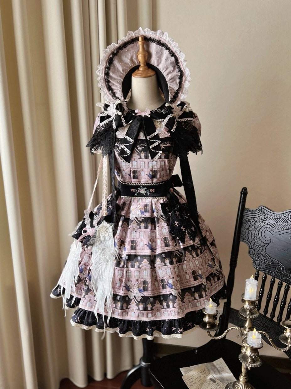 Angel Post Office Print Lolita OP Dress - LolitaEraBlack Pink OPSAngel Post Office Print Lolita OP Dress