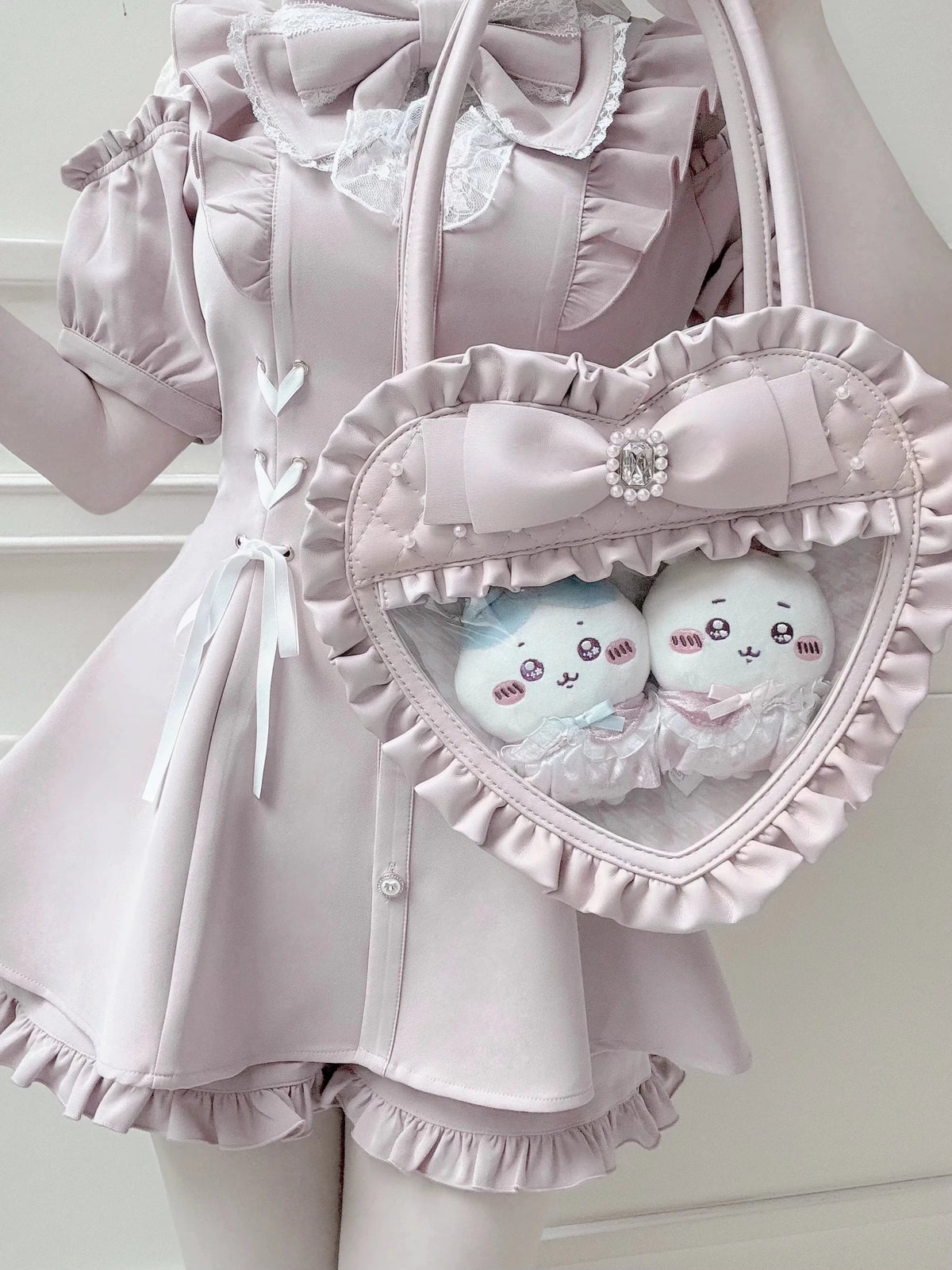 Angel's Heart Chamber Shaped Lolita Ruffle Bow Ita Shoulder Bag Pink Black - LolitaEra