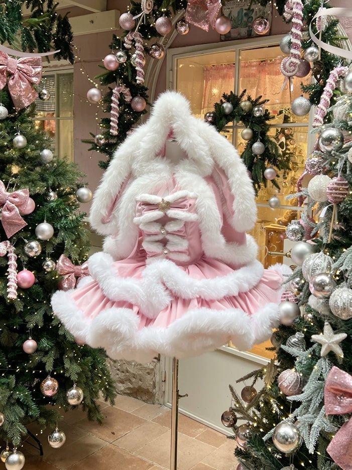 Angora Rabbit Christmas Pink Cape Dress - LolitaEra