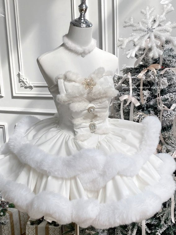 Angora Rabbit Christmas White Cape Dress - LolitaEra