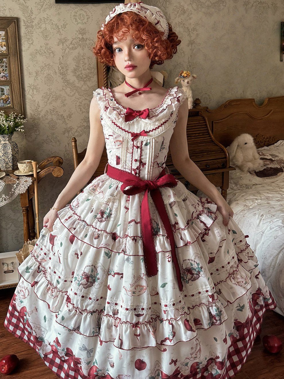 Apple Tea Country Style Lolita Red JSK/OP - LolitaEraApple Tea OPSApple Tea Country Style Lolita Red JSK/OP