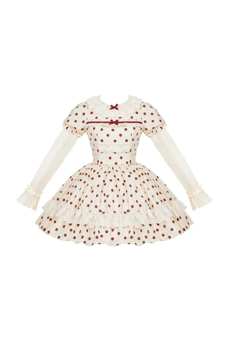 Apricot [Lollipop] Cotton Round Collar Long Lantern Sleeves Polka Dot Printed Ruffled Bow Lace Sweet Elegant Lolita Dress 2 Versions