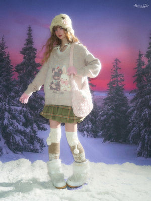 Apricot Frayed V - Neck Bear & Bunny Print Sweater LE1153 - LolitaEraBeigeSApricot Frayed V - Neck Bear & Bunny Print Sweater LE1153