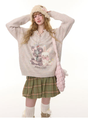 Apricot Frayed V - Neck Bear & Bunny Print Sweater LE1153 - LolitaEraBeigeSApricot Frayed V - Neck Bear & Bunny Print Sweater LE1153