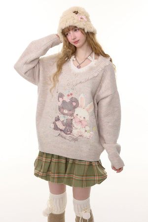 Apricot Frayed V - Neck Bear & Bunny Print Sweater LE1153 - LolitaEraBeigeSApricot Frayed V - Neck Bear & Bunny Print Sweater LE1153