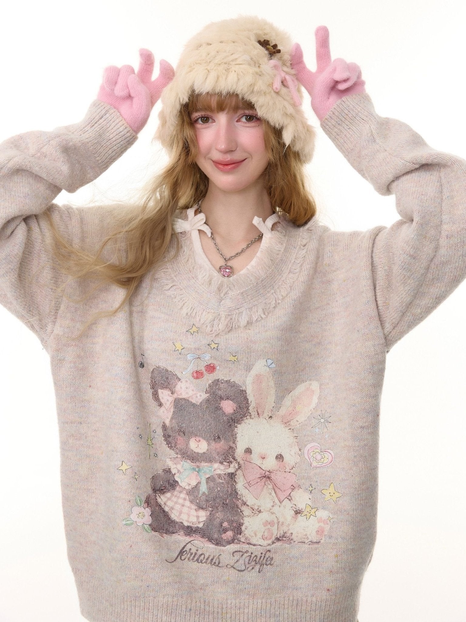 Apricot Frayed V - Neck Bear & Bunny Print Sweater LE1153 - LolitaEraBeigeSApricot Frayed V - Neck Bear & Bunny Print Sweater LE1153