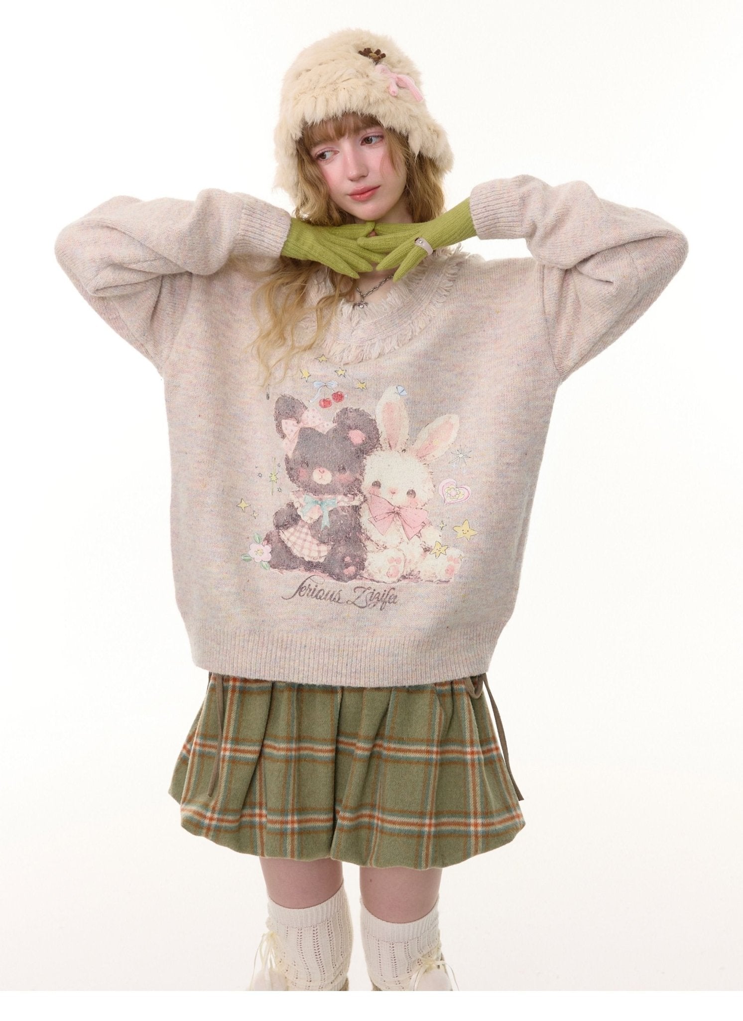 Apricot Frayed V - Neck Bear & Bunny Print Sweater LE1153 - LolitaEraBeigeSApricot Frayed V - Neck Bear & Bunny Print Sweater LE1153