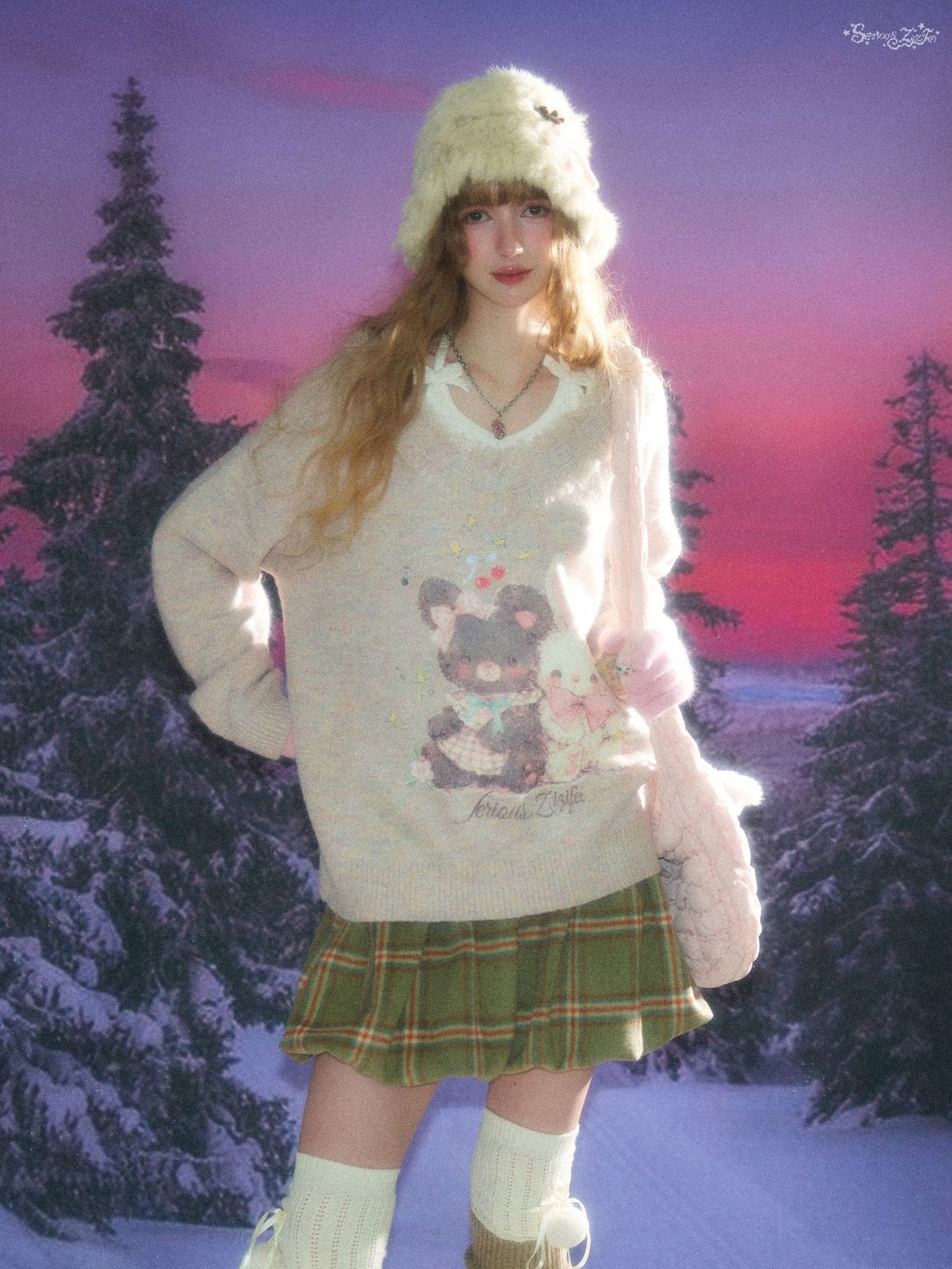 Apricot Frayed V - Neck Bear & Bunny Print Sweater LE1153 - LolitaEraBeigeSApricot Frayed V - Neck Bear & Bunny Print Sweater LE1153