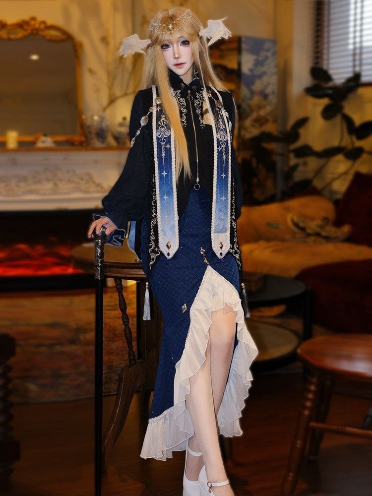 Astrologer Gothic Style Shawl - Attached Mermaid Dress 1325 - LolitaEraSetSAstrologer Gothic Style Shawl - Attached Mermaid Dress 1325