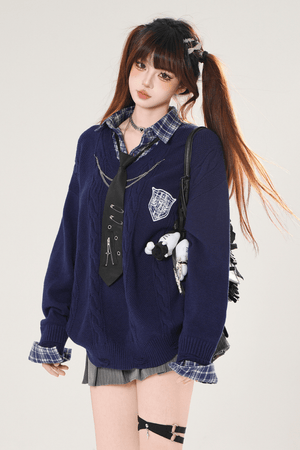 Autumn Preppy Faux Two - Piece Slimming Sweater - LolitaEraNavySAutumn Preppy Faux Two - Piece Slimming Sweater