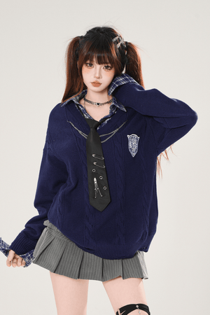 Autumn Preppy Faux Two - Piece Slimming Sweater - LolitaEraNavySAutumn Preppy Faux Two - Piece Slimming Sweater