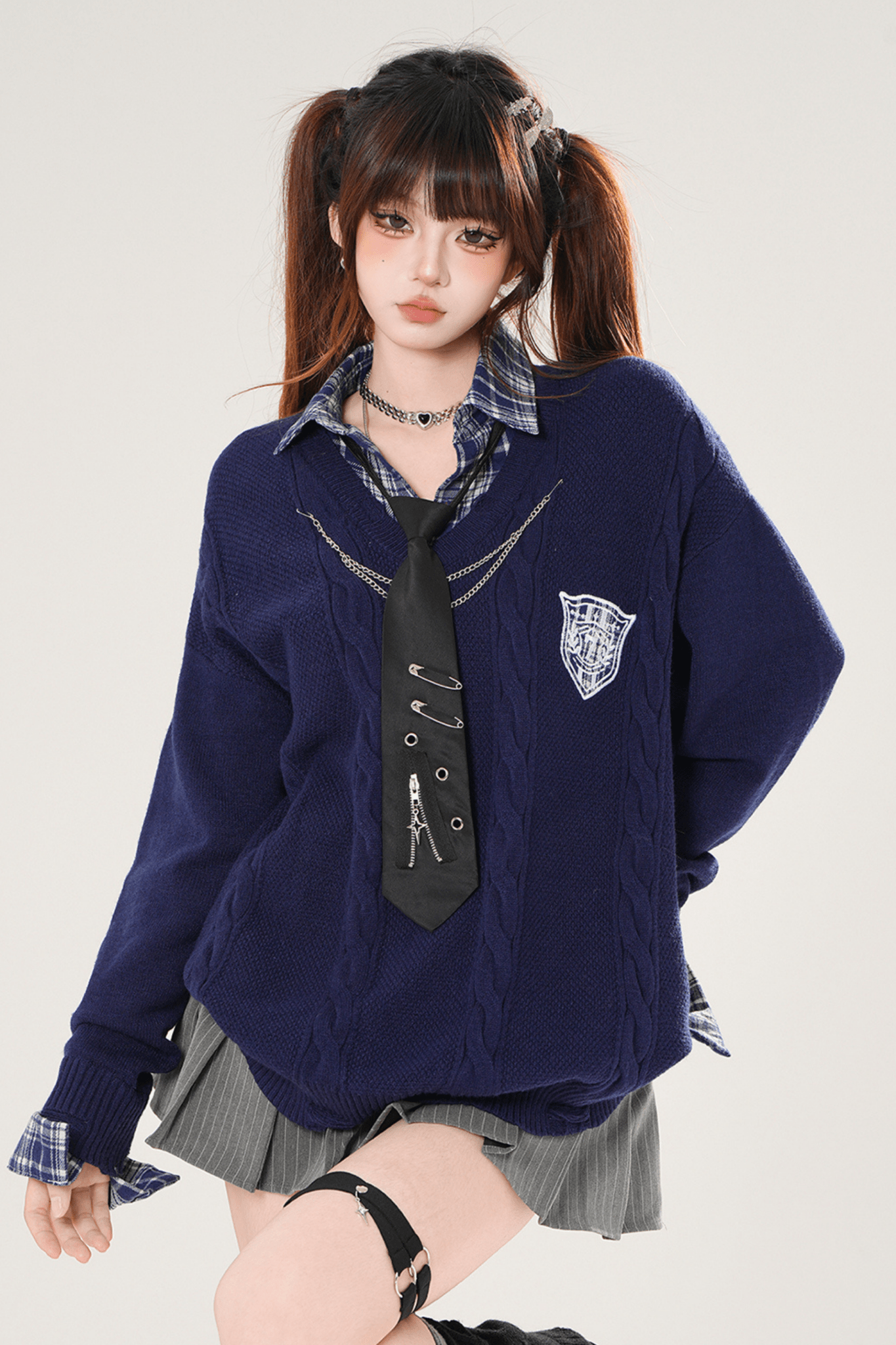 Autumn Preppy Faux Two - Piece Slimming Sweater - LolitaEraNavySAutumn Preppy Faux Two - Piece Slimming Sweater