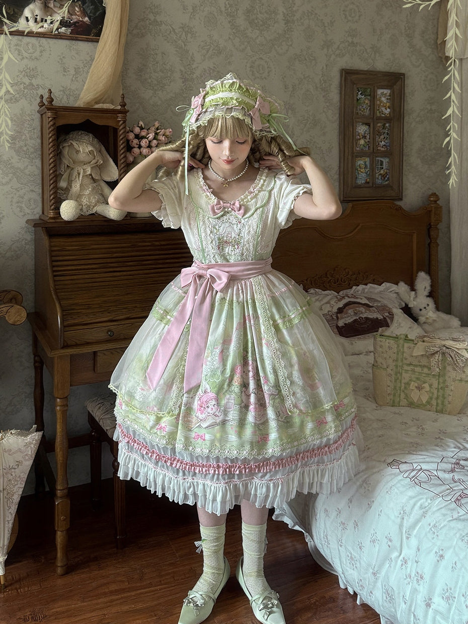 Bamboo Rabbit Pink Green Bunny Floral Print Bow Classic Lolita OP Dress - LolitaEra