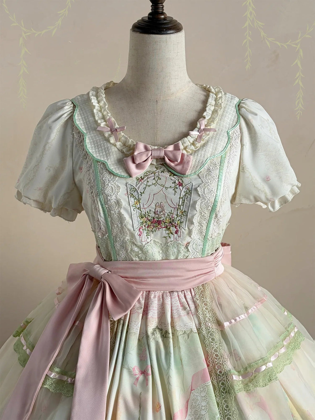 Bamboo Rabbit Pink Green Bunny Floral Print Bow Classic Lolita OP Dress - LolitaEra