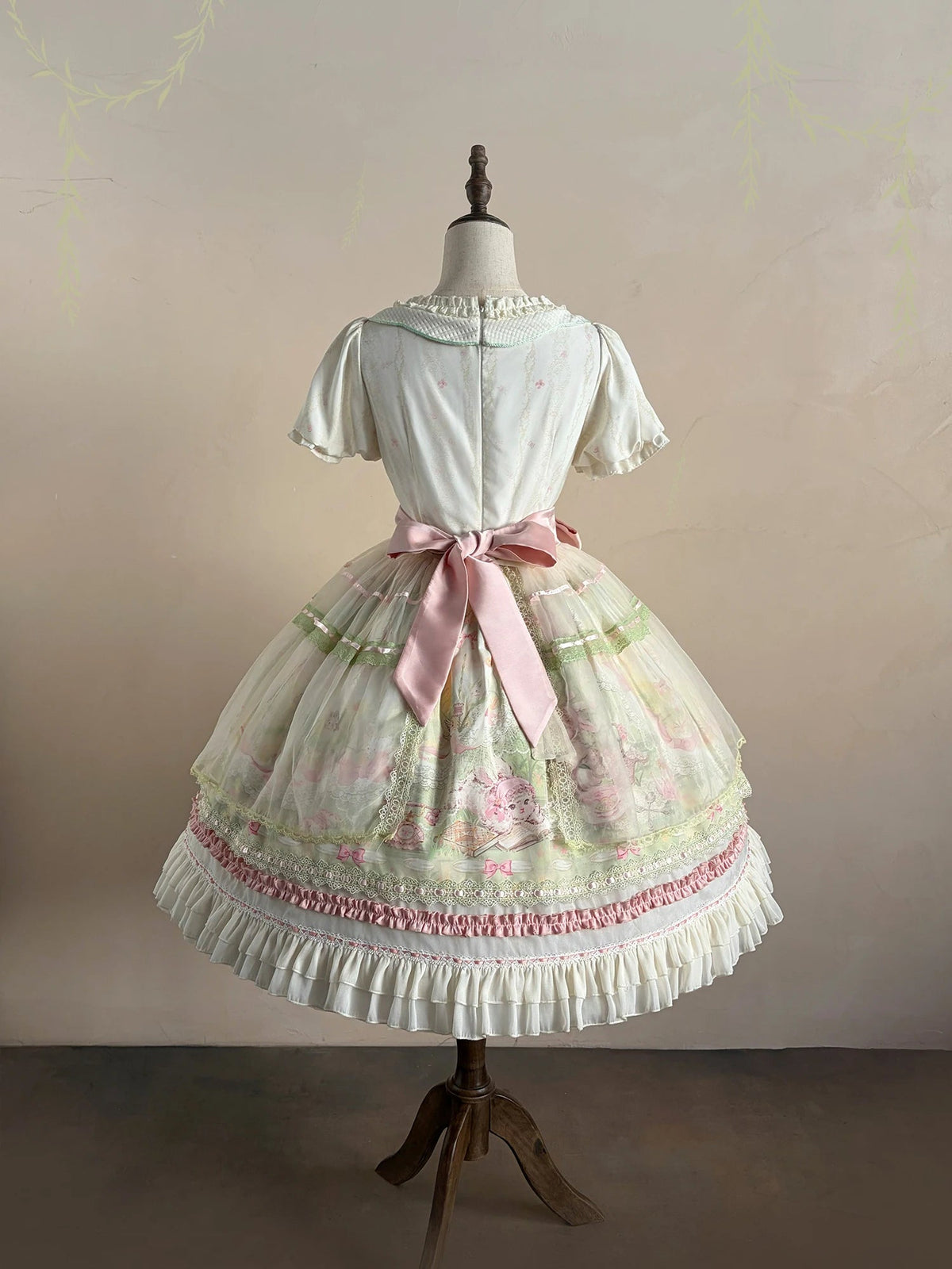 Bamboo Rabbit Pink Green Bunny Floral Print Bow Classic Lolita OP Dress - LolitaEra