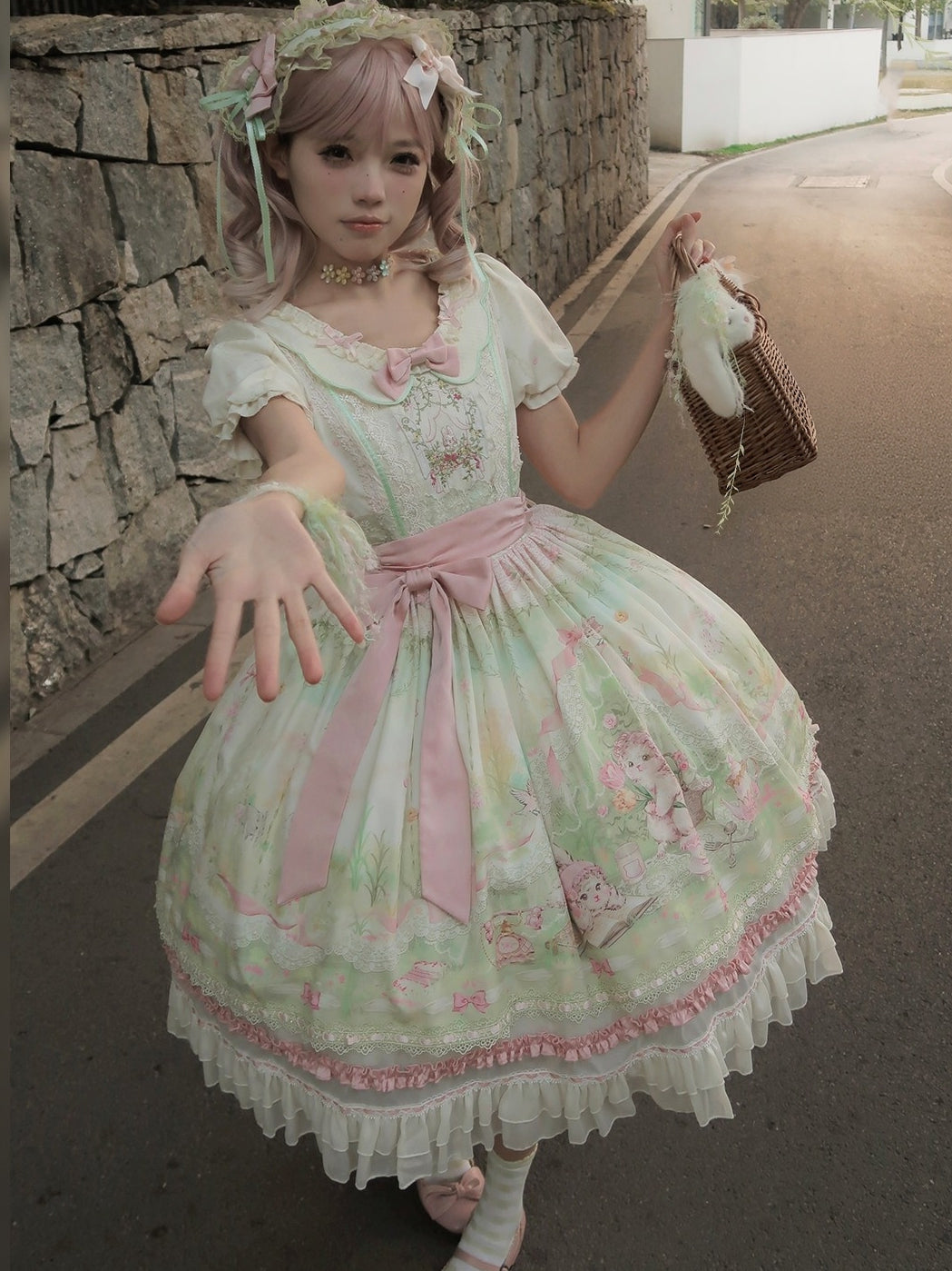 Bamboo Rabbit Pink Green Bunny Floral Print Bow Classic Lolita OP Dress - LolitaEra
