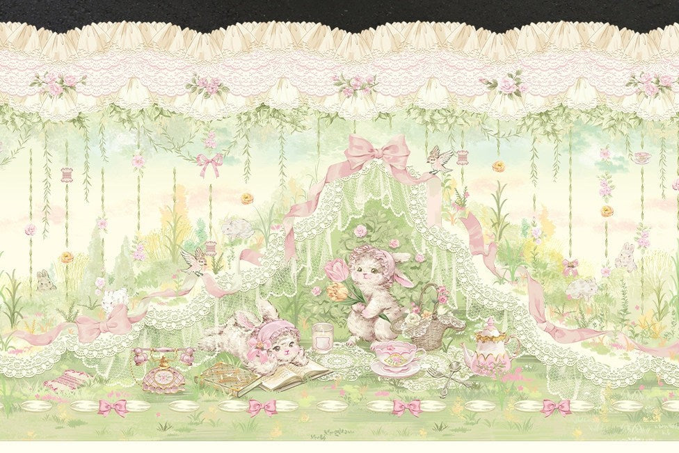 Bamboo Rabbit Pink Green Bunny Floral Print Bow Classic Lolita OP Dress - LolitaEra