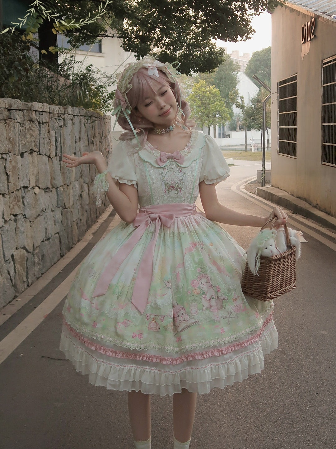 Bamboo Rabbit Pink Green Bunny Floral Print Bow Classic Lolita OP Dress - LolitaEra