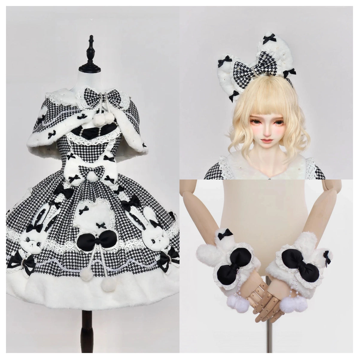Bunny Ball 2.0 Lolita Winter Doll Style JSK Cape Set Black Plaid Version