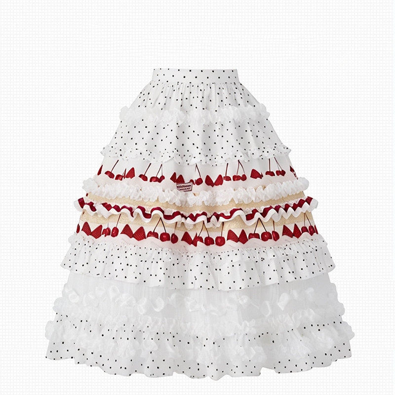 Chocolate Strawberry Polka Dot Puffy Long Cake Skirt