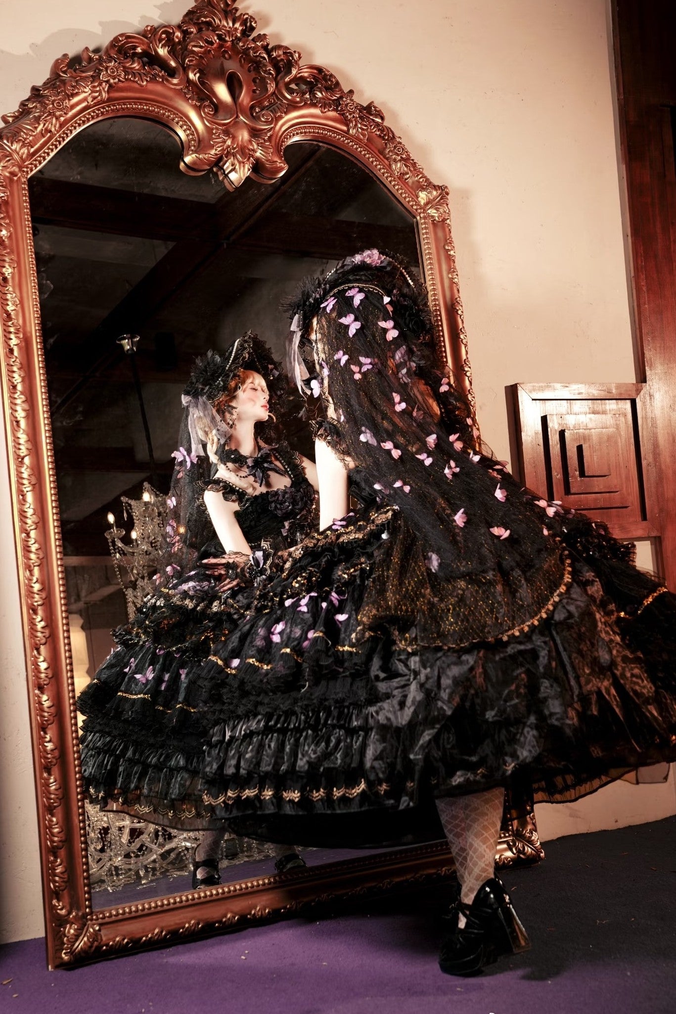 Moonlit Butterfly Dance Black Tiered Gothic Lolita JSK Dress Set