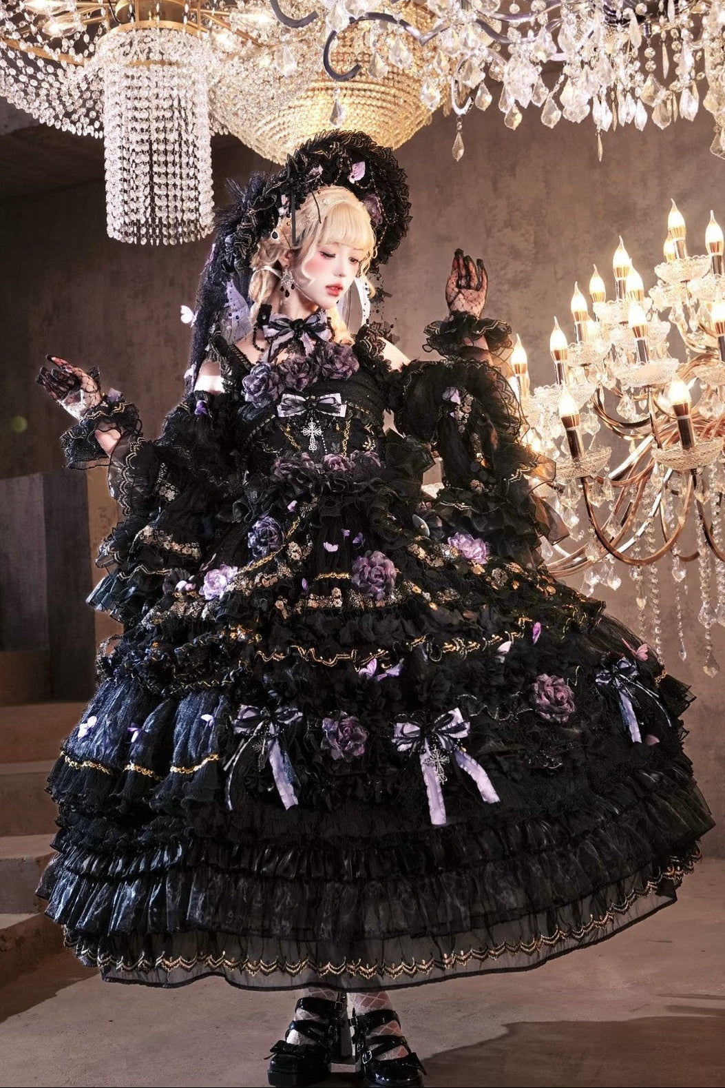 Moonlit Butterfly Dance Black Tiered Gothic Lolita JSK Dress Set