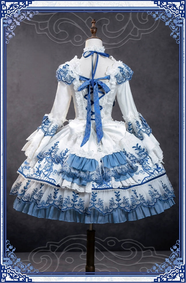 Butterfly Blue and White Porcelain Floral Embroidery Classic Lolita OP Dress