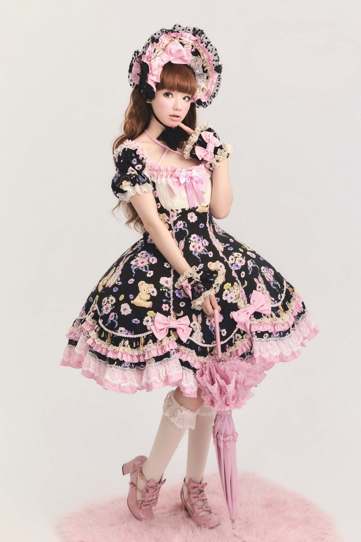 Be My Sweetheart Bear Bunny Floral Print Fitted Sweet Lolita OP Dress - LolitaEra