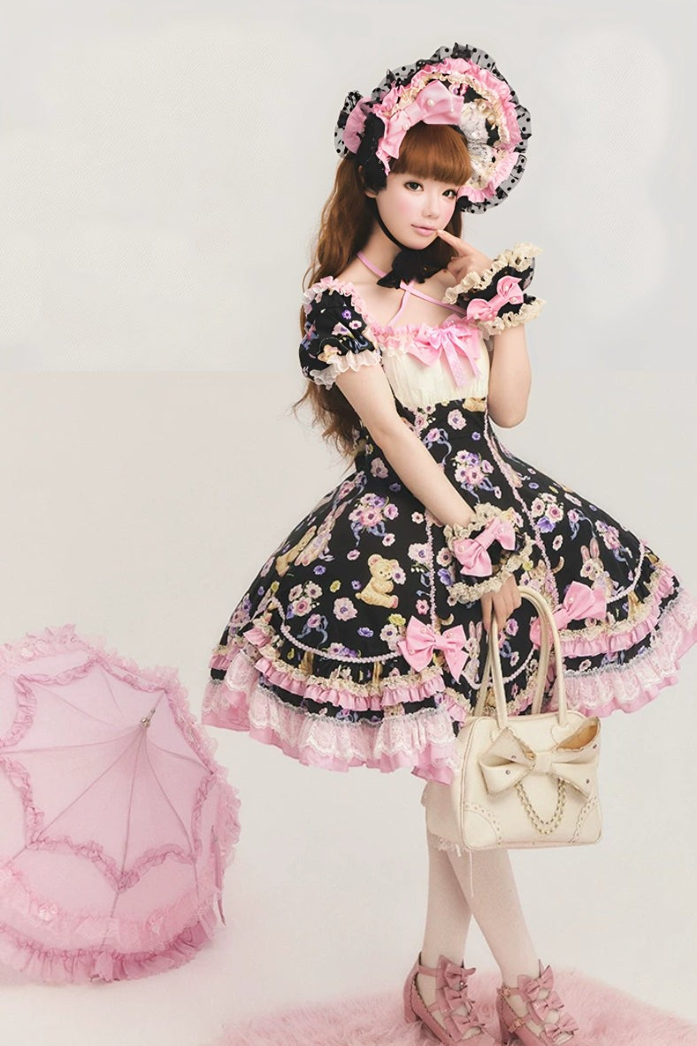 Be My Sweetheart Bear Bunny Floral Print Fitted Sweet Lolita OP Dress - LolitaEra