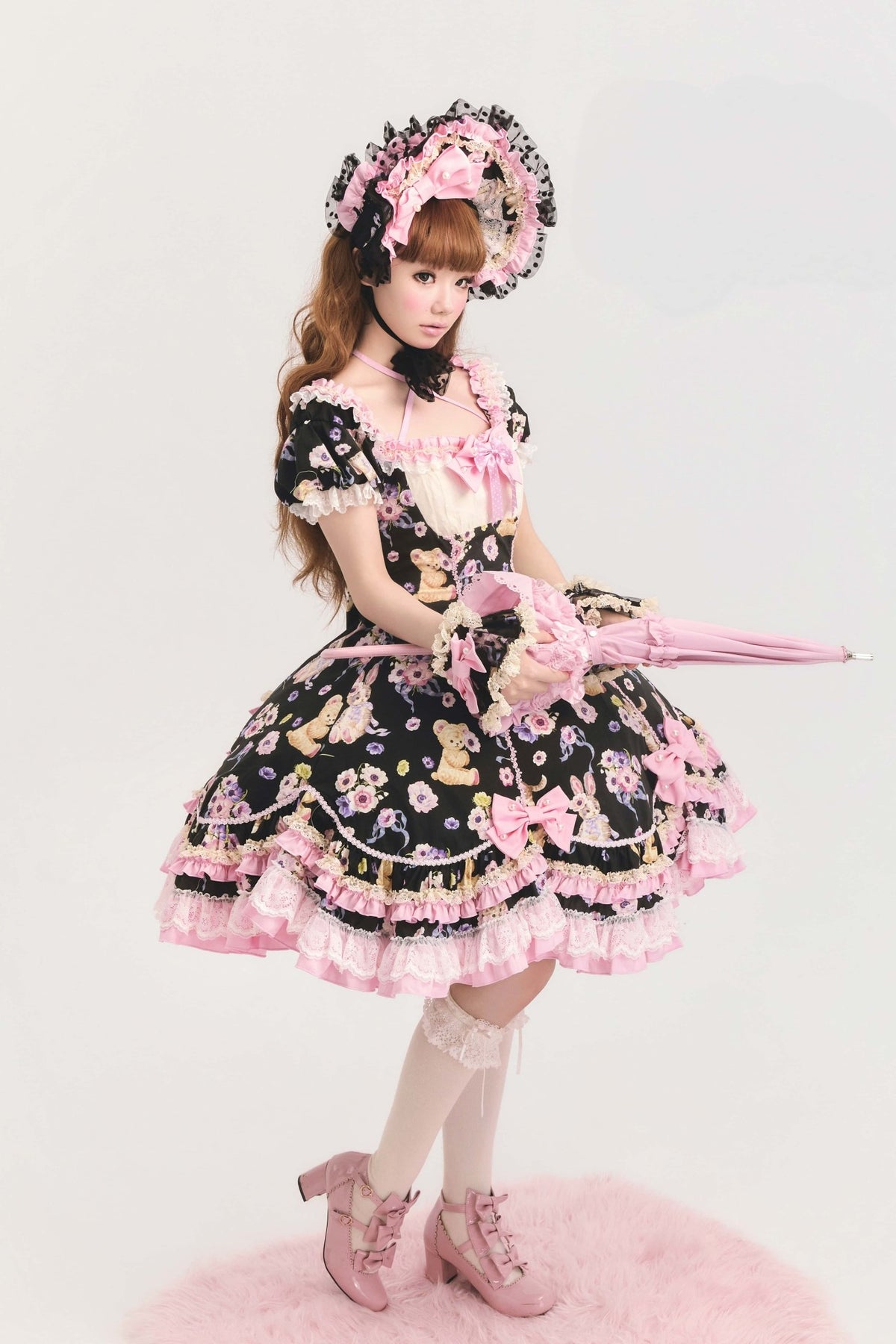 Be My Sweetheart Bear Bunny Floral Print Fitted Sweet Lolita OP Dress - LolitaEra